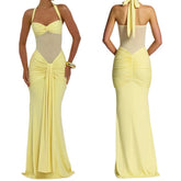 Women Evening Party Long Maxi Dress Elegant Mesh Patchwork Backless Slim Pleated Ribbon Tulip Vestidos OUFY-EYS250732