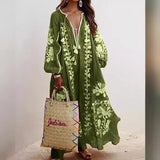 Boho Elegant Print Long Dress For Women Loose Casual V Neck Lace Up Big Hem Long Style Dresses 2024 Fashion New Lady Robe