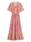 Happie Queens Women Floral Print Tie Neck Beach Bohemian Maxi Dresses Ladies Rayon Cotton Boho Pleated Dress Vestidos