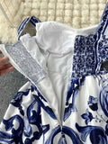 New Summer Holiday Elastic Yellow Print Long Dress Women's Spaghetti Strap Cup Padded Backless Blue White Porcelain Maxi Vestido