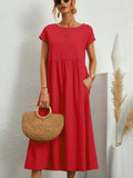 Women's Casual White Short Sleeve Midi Dress Summer Round Neck Cotton And Linen Vintage Loose Long Dresses With Pockets Y2K