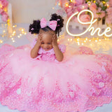 Flower Girl Dresses For Wedding Luxury Pink Tulle Pearls Lace Ball Gown Princess First Communion Birthday Photos Shoot Dresses