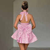 Halter Jacquard Backless Bow Short Summer Dress Woman Sexy A-line Pink Mini Dresses Y2K Evening Party New Birthday White Blue