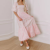 Women Floral Print Smocked Square Neck Short Puff Sleeve Summer Fashion Casual Backless Loose Fit Flowy A-line Long Dress