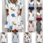Women Summer Dress Casual V Neck Short Sleeve Butterfly Sleeve Floral Leaf Letter Print Mini Dresses Vestidos YSX9032