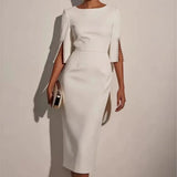 Elegant Round Neck Half Sleeved Beaded Mid Length Dress New Spring Summer Solid Color Commuting Slim Fit Dress Women's Wear