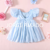 Baby Girl Summer Dress Short Puff Sleeves Large Bow Solid Round Neck Backless Princess Dresses Twins Daughter Clothing H0404