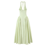 YENKYE Sexy Backless Green Elegant Halter Dress For Women Low Waist A-line Midi Summer Evening Party Dresses Cotton Robe