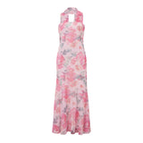 hirigin Womens Floral Strapless Dress Y2k Backless Sleeveless Tube Long Dresses Sexy Mesh Bodycon Summer Beach Party Sundress
