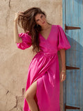Bornladies 100% Cotton V-neck Waist Cinched Dress Unique Lantern Sleeve Sexy Slit Long Skirt Fashionable Women's Casual Dresses