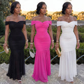 Dresses for Woman 2026 Elegant Sexy Off Shoulder Ruched Cinched Waist Evening Party Mesh Maxi Long Dress Slim Fit Fishtail Gown