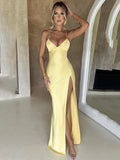 Summer New Fashion Dress Women's Sexy V-Neck Suspender Slit Mid-Length Evening Dress Elegant Party Club Satin Slim Fit