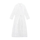 Elegant Embroidered White Dress Women Chic Lapel Long Sleeve High Waist Lace Up Maxi Dresses Fashion Female Hollow Out Vestidos