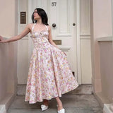 YENKYE Lace Trim Floral Print Halter Dress For Women Sexy Backless Low Waist Midi Summer Dresses Holiday Party Robe