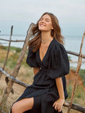 Bornladies 100% Cotton V-neck Waist Cinched Dress Unique Lantern Sleeve Sexy Slit Long Skirt Fashionable Women's Casual Dresses