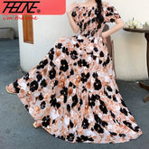 THHONE Summer Dress Women Cotton Linen Floral Vintage Oversized Korean Vestido Feminino Print Robe Off-Shoulder Casual Dresses