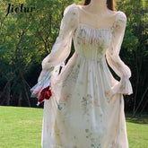 Jielur New Fashion Women Long Sleeved Chiffon Dresses Vintage Sweet Lace Up Women's Square Neck Long Bubble Sleeve A-line Dress