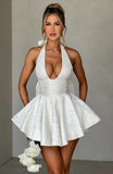 Halter Jacquard Backless Bow Short Summer Dress Woman Sexy A-line Pink Mini Dresses Y2K Evening Party New Birthday White Blue