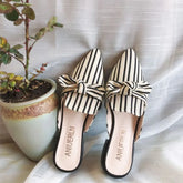 Shoes with Heel Mules Summer 2025 Beige Slides Plaid Bow Women's Slippers and Ladies Sandals Job Natural Skin I New Fashion