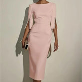 Elegant Round Neck Half Sleeved Beaded Mid Length Dress New Spring Summer Solid Color Commuting Slim Fit Dress Women's Wear