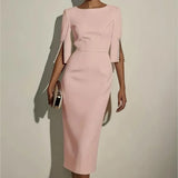 Elegant Round Neck Half Sleeved Beaded Mid Length Dress New Spring Summer Solid Color Commuting Slim Fit Dress Women's Wear