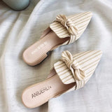 Shoes with Heel Mules Summer 2025 Beige Slides Plaid Bow Women's Slippers and Ladies Sandals Job Natural Skin I New Fashion