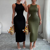 Women's Green Sleeveless Crew Neck Sundress Wave Textured Stretchy Knit Bodycon Maxi Dress Summer Daily Party Vacation Dress