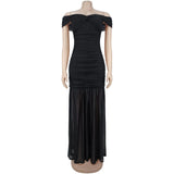 Dresses for Woman 2026 Elegant Sexy Off Shoulder Ruched Cinched Waist Evening Party Mesh Maxi Long Dress Slim Fit Fishtail Gown