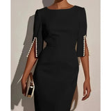 Elegant Round Neck Half Sleeved Beaded Mid Length Dress New Spring Summer Solid Color Commuting Slim Fit Dress Women's Wear