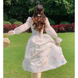 Jielur New Fashion Women Long Sleeved Chiffon Dresses Vintage Sweet Lace Up Women's Square Neck Long Bubble Sleeve A-line Dress