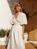 Bornladies 100% Cotton V-neck Waist Cinched Dress Unique Lantern Sleeve Sexy Slit Long Skirt Fashionable Women's Casual Dresses