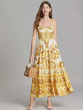 New Summer Holiday Elastic Yellow Print Long Dress Women's Spaghetti Strap Cup Padded Backless Blue White Porcelain Maxi Vestido