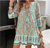 Casual Print Loose Dress For Women Fashion Long Sleeve V Neck Lace-up Vintage Pullover Dresses Lady Boho Holiday Womens Clothing