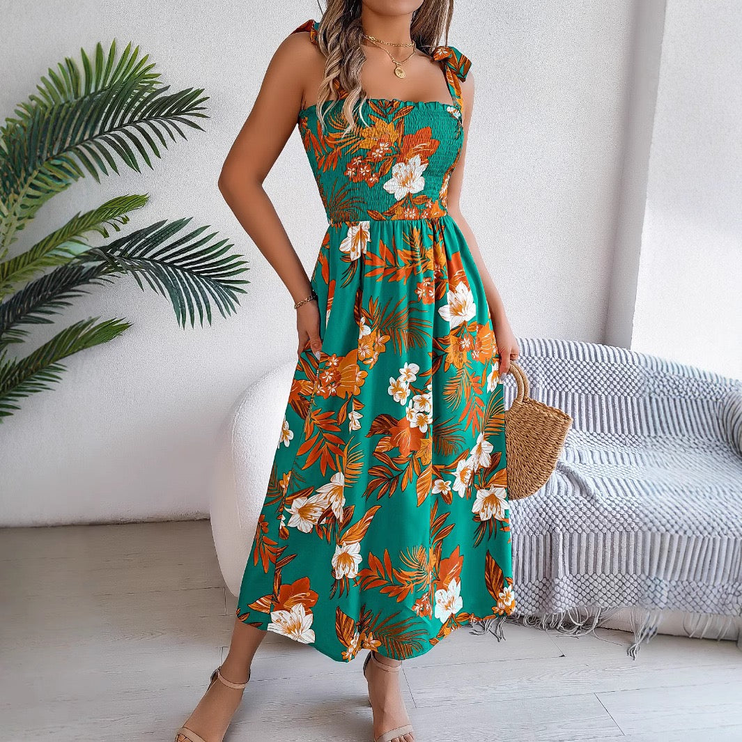 2025 European and American Floral Lace-Up Waist-Cinching Backless Slip Dress for Women, Retro Artistic Style, Long Dress for Vacation and Beach