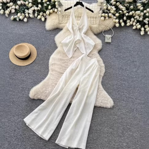 Premium Commuter Style Halter Neck Vest and Wide-Leg Pants Two-Piece Set for Women, Summer Open-Back Waist-Cinching Slimming Fashion Set