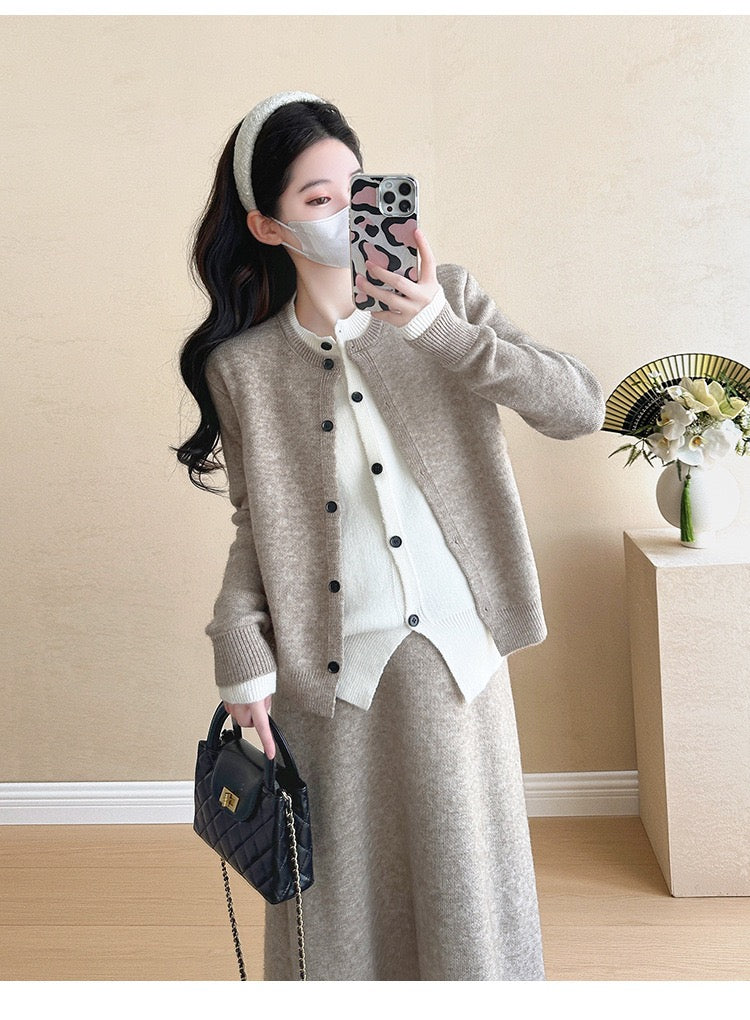 Pregnant women autumn and winter fashion new contrast color stitching knitted sweater + mid-length skirt temperament slim two-piece set