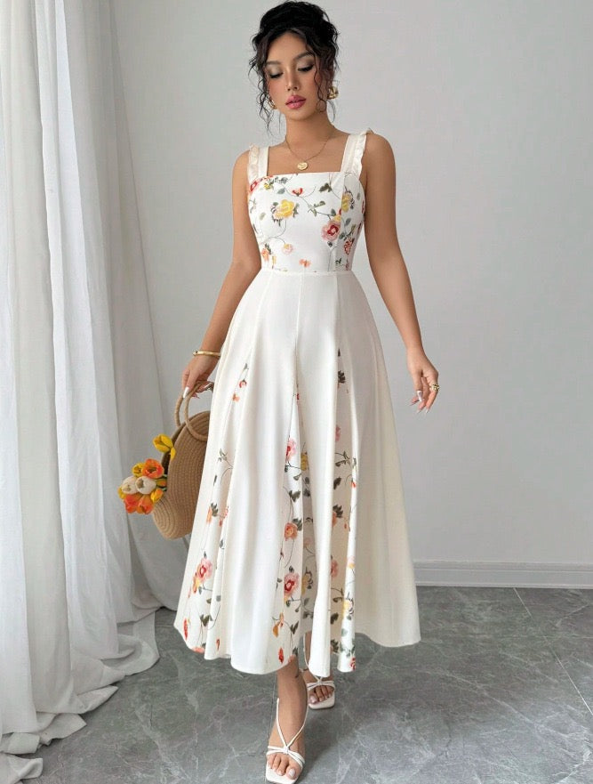 Amazon European and American Cross-Border New French-Style Waist-Cinching Elegant Floral Print Square-Neck Sleeveless Dress