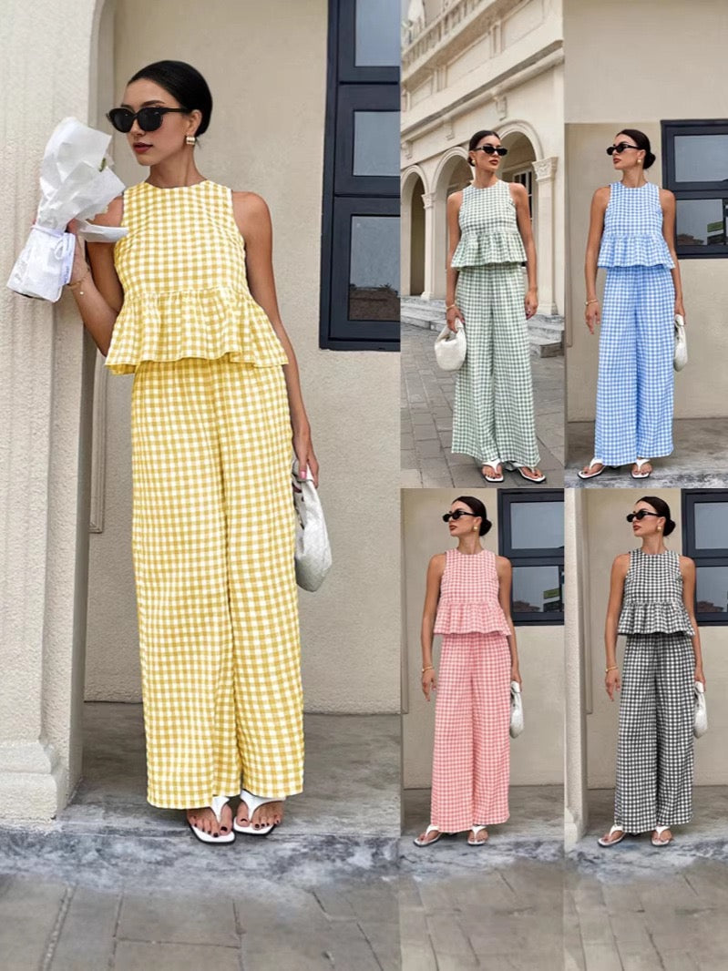 2026 European and American Fashion Casual Two-Piece Set with Sleeveless Round-Neck Ruffled Hem Top and High-Waisted Straight-Leg Pants