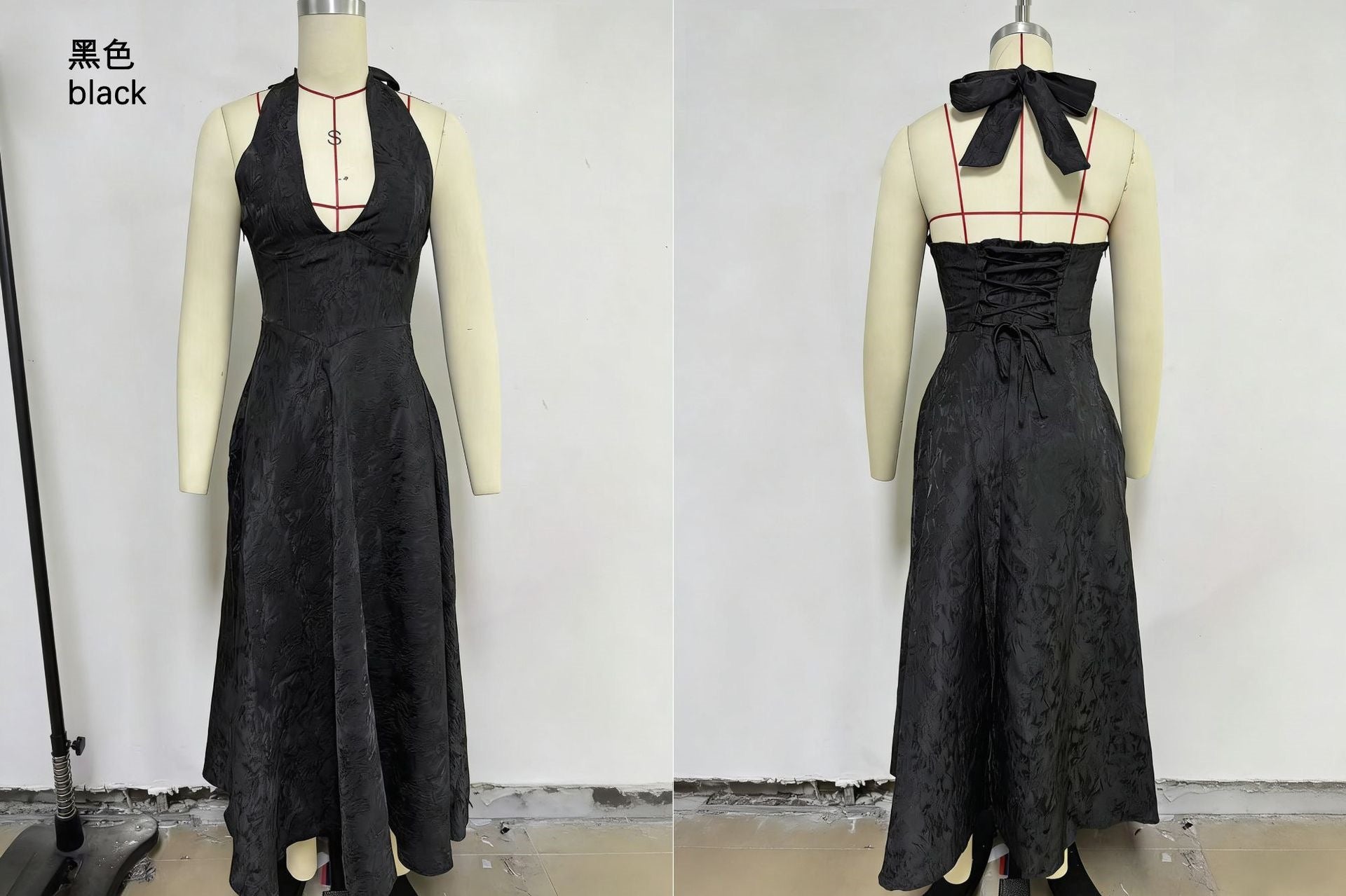 European and American Style V-Neck Halter Jacquard Dress, High-End Sleeveless Backless Evening Gown with Waist-Cinching Fit for Spring and Summer