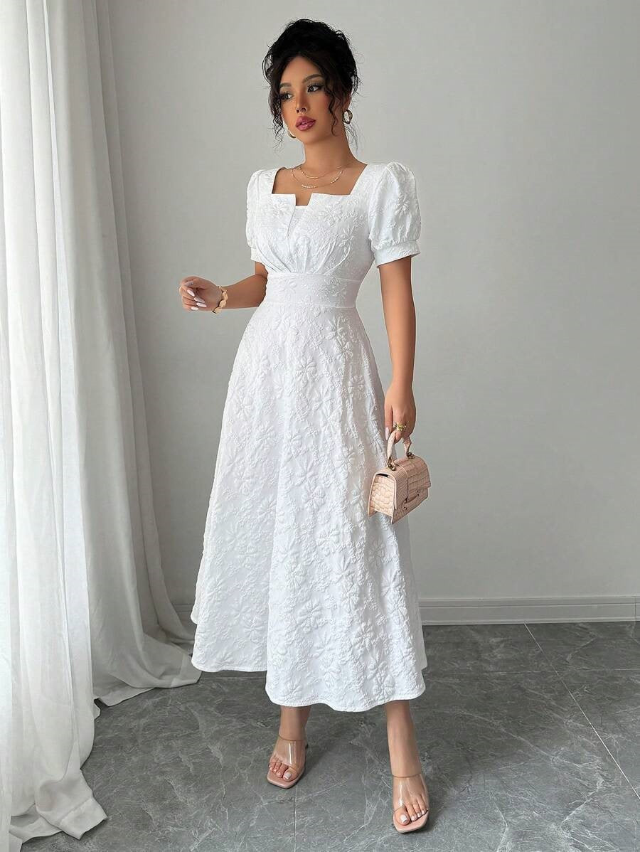 European and American Cross-Border 2026 Summer Slim-Fit Women's Elegant Jacquard Solid Color Puff Sleeve Square Neck Dress