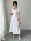 European and American Cross-Border 2026 Summer Slim-Fit Women's Elegant Jacquard Solid Color Puff Sleeve Square Neck Dress