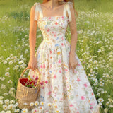 Sweet Floral Suspender Dress with Tie Straps, Waist-Cinching and Slimming Effect, Bow Shoulder Straps, Princess Dress, Elegant Retro Pastoral Style offer