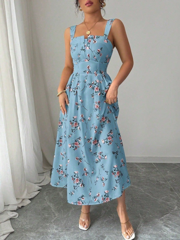 European and American New Style French Dress, Cross-Border Summer Spaghetti Strap Waist-Cinching Women's Casual Travel Floral A-Line Long Dress