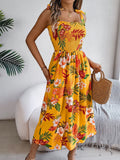 2025 European and American Floral Lace-Up Waist-Cinching Backless Slip Dress for Women, Retro Artistic Style, Long Dress for Vacation and Beach