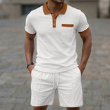 Amazon Cross-Border Summer New Men's Waffle Lapel Color-Blocked Chest Pocket Button Short-Sleeved Shorts Suit