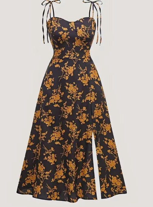2025 European and American Cross-Border Amazon Independent Station French Summer Waist Sexy Floral Slim Suspender Dress