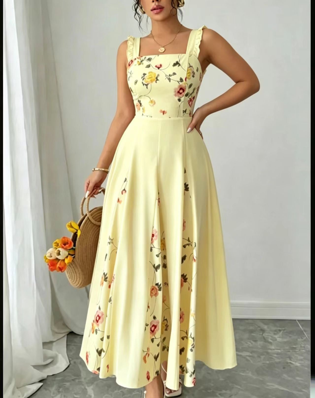 Amazon European and American Cross-Border New French-Style Waist-Cinching Elegant Floral Print Square-Neck Sleeveless Dress