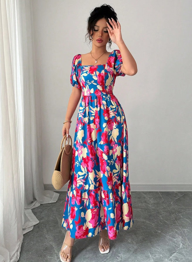 AliExpress Cross-Border Amazon New Beach Vacation Style Puff Sleeve Dress Women's European and American Floral Print High Waist
