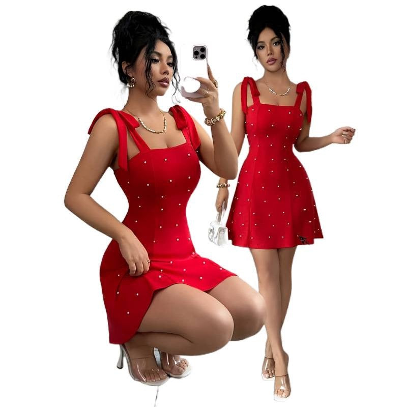 Ladies' Summer Fashion Elegant Solid Color Pearl Embellished Knitted Short A-Line Dress Suitable for Going Out and Dating