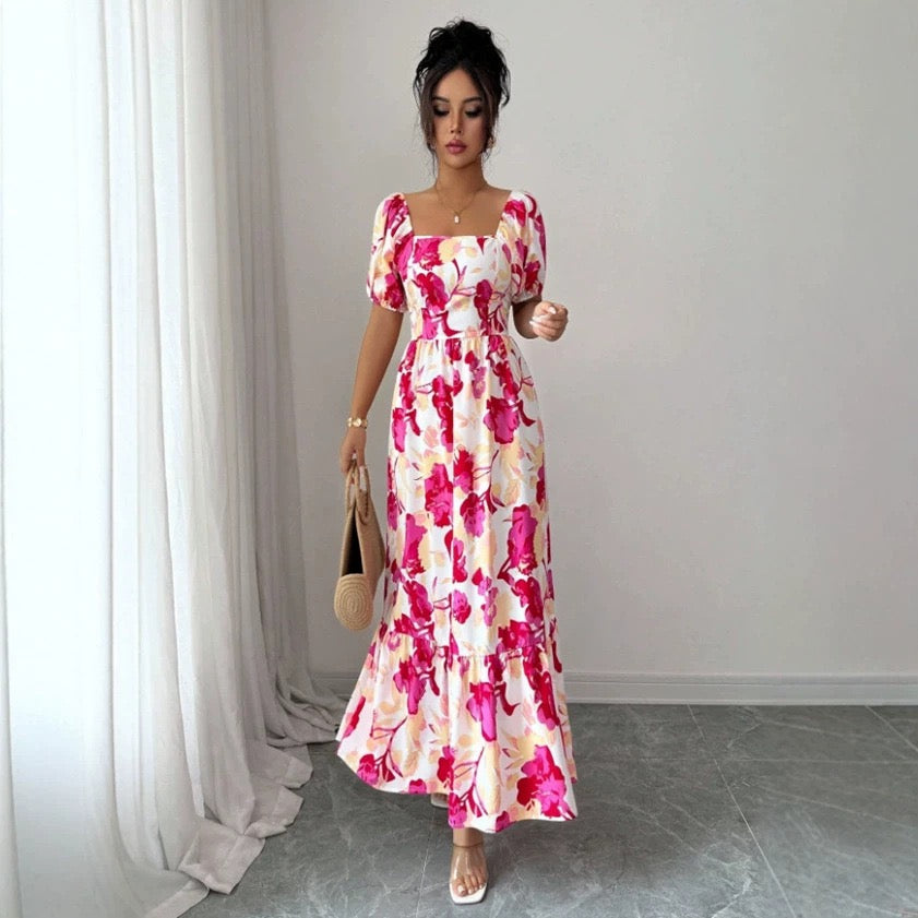 AliExpress Cross-Border Amazon New Beach Vacation Style Puff Sleeve Dress Women's European and American Floral Print High Waist